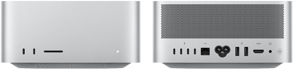 Mac Studio, предна част, два USB‑C порта, слот за SDXC карта, светлинен индикатор за състояние, конусовидна основа отдолу, плосък отгоре, заоблени страни, прави ръбове, цвят сребърно, Mac Studio, задна част, перфориран алуминиев изход, четири Thunderbolt 5 порта, един Ethernet, един електрически контакт, два USB-A, един HDMI, един жак за слушалки и бутон за включване{