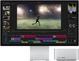 Studio Display XDR с вградена стойка, Mac Studio пасва перфектно под екрана, работен процес с инструменти за видеомонтаж и цветни корекции на екрана