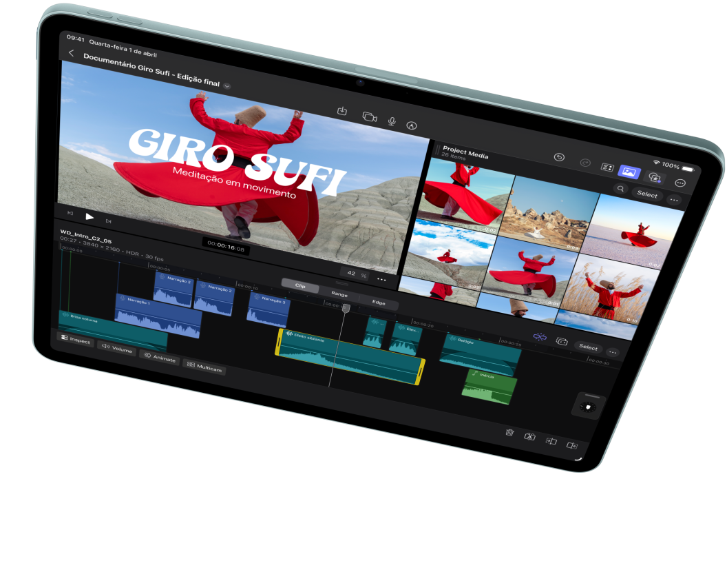 iPad Air na horizontal com a tela mostrando uma edição de vídeo no Final Cut Pro