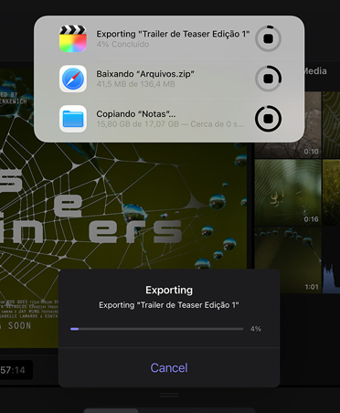 Imagem da parte da frente do iPad Pro preto-espacial na vertical, mostrando na tela tarefas em segundo plano: progresso da exportação, download de arquivos e transferência de notas para o backup