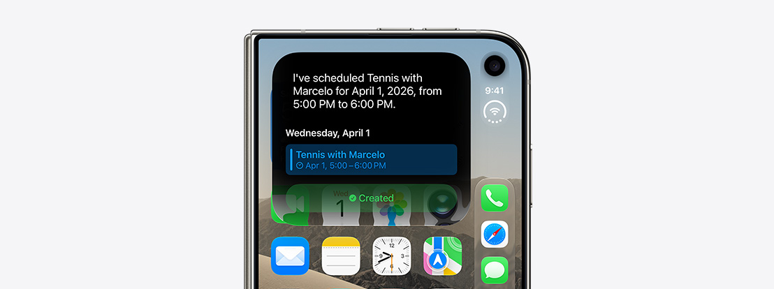 iPhone Duo fechado, com notificação da Siri indicando uma atualização do calendário na tela externa