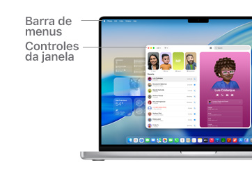 Uma visão geral da navegação do macOS, como a barra de menus na parte superior da tela do MacBook e o Dock.