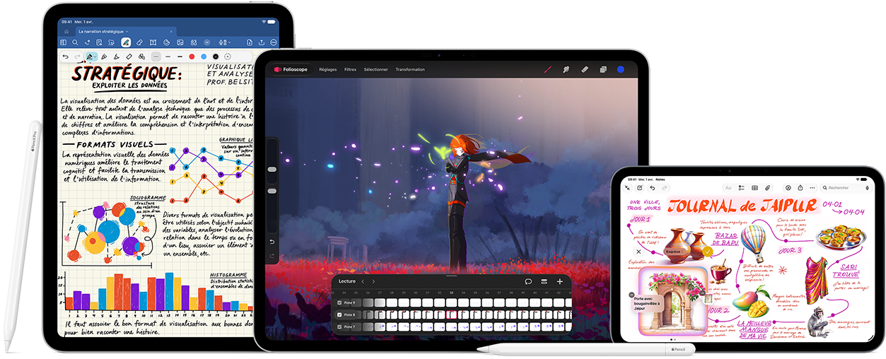 Image d’un Apple Pencil Pro et d’un Apple Pencil USB-C à côté de plusieurs iPad affichant des exemples de notes manuscrites et d’illustrations colorées créées avec l’Apple Pencil.