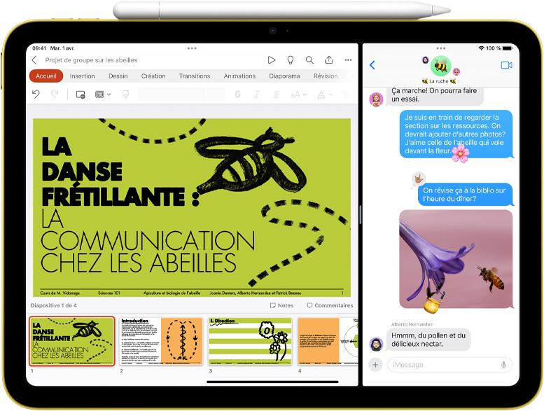PowerPoint et Messages en mode Split View sur un iPad auquel est fixé magnétiquement un Apple Pencil.