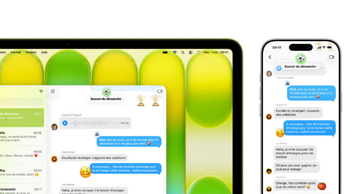 MacBook Neo affichant une conversation par texto avec la recopie d’iPhone.