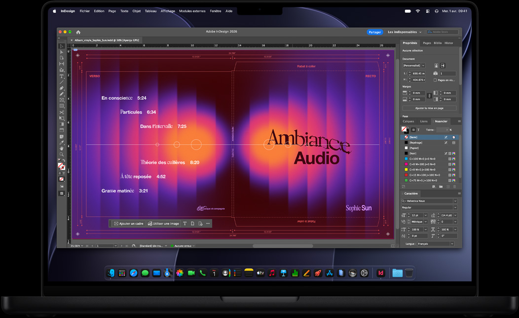 Écran d’un MacBook Pro montrant la création d’une pochette de disque dans Adobe InDesign