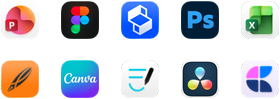 Deset ikon aplikací ve dvou řadách: PowerPoint, Figma, Shapr3D, Photoshop, Excel, Linearity, Canva, GoodNotes, DaVinci Resolve, Craft