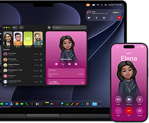 MacBook Pro a iPhone, otevřená aplikace Telefon, na obou obrazovkách se ukazuje stejný kontakt