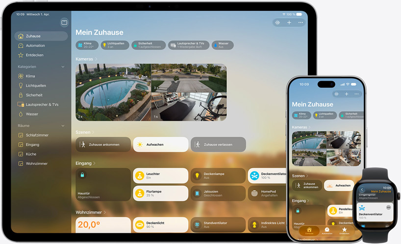 Die Home App wird auf einem iPad, einem iPhone und einer Apple Watch angezeigt. Jedes zeigt das Dashboard „Mein Zuhause“ mit Kameras, Klima, Szenen und Gerätesteuerungen.
