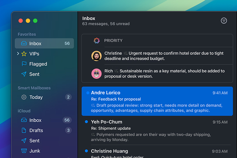Apple Intelligence feature Priority Messages in Mail app