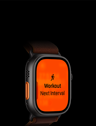 Apple Watch Ultra 4, titaanist korpus, must, jooksutreening, järgmine intervall, vasaku külje vaade, oranž Action-nupp, Alpine Loopi rihm