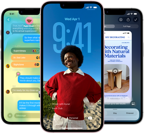 Kolm iPhone 17e seadet, kuvatud rakendus Messages koos Liquid Glass disainiga, dünaamiline Lock Screen ja Visual Intelligence kasutuses