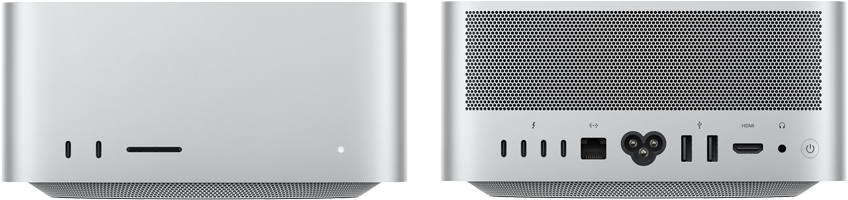 Mac Studio, esikülg, kaks USB‑C liidest, SDXC-kaardipesa, olekunäidik, alumises osas kitsenev alus, lame ülaosa, ümarad küljed, sirged servad, hõbedane, Mac Studio, tagakülg, perforeeritud alumiiniumist õhuava, neli Thunderbolt 5 liidest, üks Etherneti liides, toitepesa, kaks USB-A liidest, HDMI-liides, kõrvaklapipesa ja toitenupp