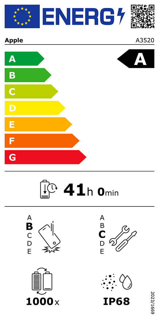 EU-energimærke, QR-kode og information, Apple-model A3520, klasse A, energieffektivitetsklasser (med en skala fra A til G), A (mest effektiv) til G (mindst effektiv), batteriholdbarhed pr. cyklus: 41 timer og 0 minutter pr. fuld batteriopladning, klasse B for holdbarhed ved gentagne frie fald, A (mest robust) til E (mindst robust), klasse C for reparerbarhed, A (mest reparerbar) til E (mindst reparerbar), batteriholdbarhed på 1000 cyklusser, IP-klassificering for støv- og vandbeskyttelse: IP68, forordning 2023/1669.