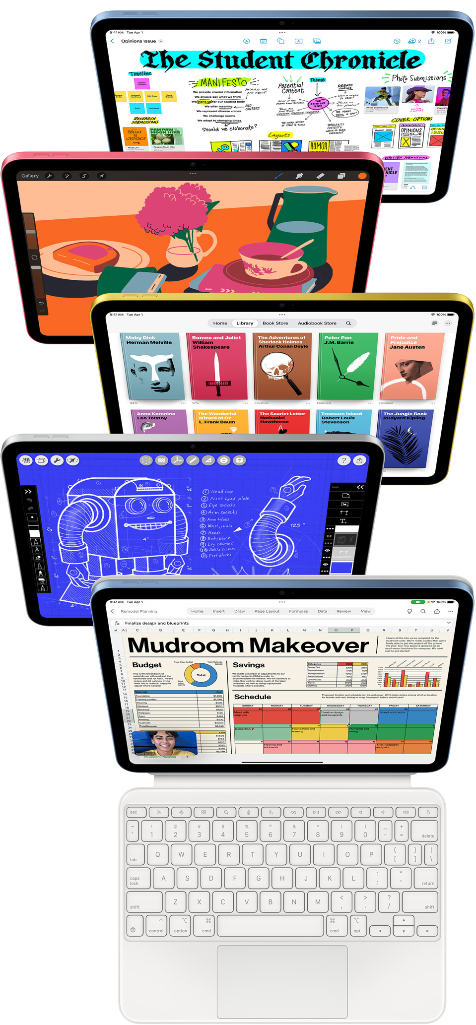 Front facing iPad screens show a variety of apps including Freeform, ProCreate, Books, iMovie, Microsoft Excel with Webex Meetings.