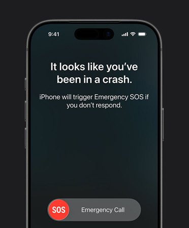 iPhone 17 Pro Vorderansicht mit gerundeten Ecken, Feature für die Unfallerkennung in Aktion