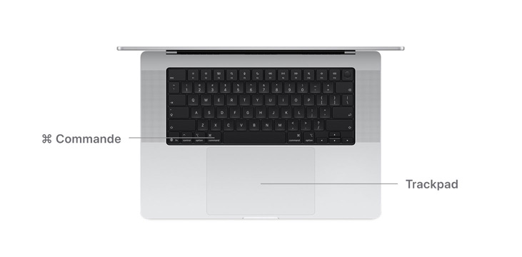 Vue du dessus d’un MacBook Pro 14″ avec des lignes indiquant l’emplacement de la touche Commande et du trackpad.