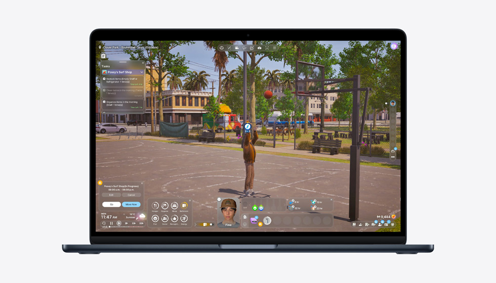 MacBook Air-skærm viser et spil for at demonstrere M5-chippens kapacitet