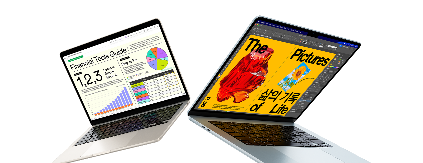 Deux portables MacBook Air 13 et 15 pouces — l’un affiche un travail effectué dans Numbers et l’autre, un travail de design