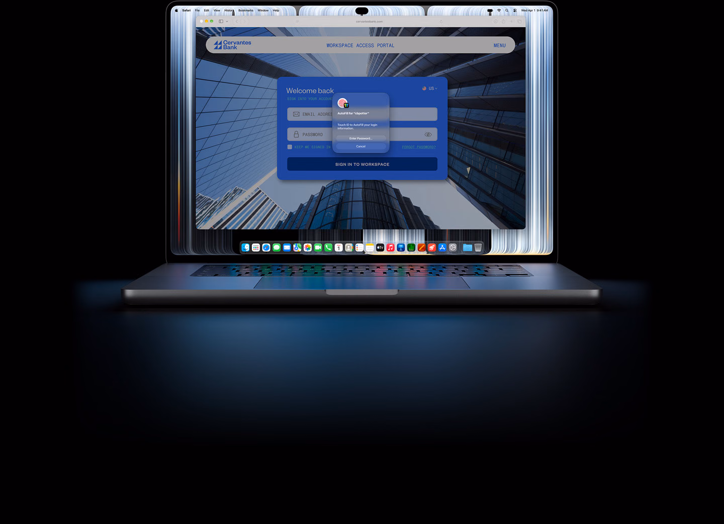 MacBook Pro mit PROLED XDR Display, ein kleines Safari Fenster zeigt eine Aufforderung an, Touch ID zu verwenden oder Anmeldedaten einzugeben, um sich bei einer Website anzumelden