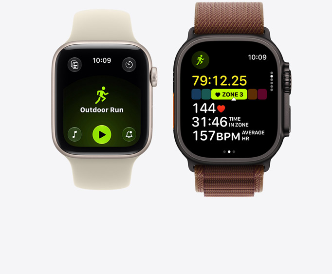 Apple Watch Series 12, boîtier en aluminium, or clair, exercice Course en plein air ouvert avec les commandes de lecture d’Apple Music, Apple Watch Ultra 4, boîtier en titane, noir, exercice Course ouvert, fréquence cardiaque en Zone 3
