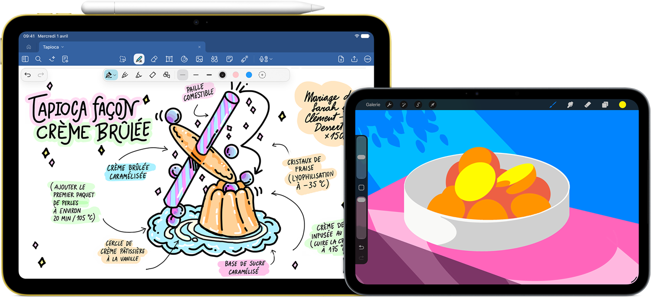 Sur la gauche, un iPad en mode paysage affiche un dessin avec des notes manuscrites. Un Apple Pencil USB‑C est fixé au sommet. Sur la droite, un iPad mini en mode paysage affiche une illustration colorée réalisée avec Procreate.