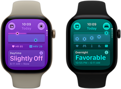 Δύο συσκευές Apple Watch Series 12: κάσα από αλουμίνιο, ανοιχτό χρυσαφί χρώμα, Ημερήσιες Ζωτικές Ενδείξεις ελαφρώς  εκτός τυπικού εύρους, Digital Crown, λουράκι Sport Band σε χρώμα άμμος, κάσα από αλουμίνιο, μαύρο χρώμα, Νυχτερινές Ζωτικές Ενδείξεις θετικές, Digital Crown, λουράκι Sport Band σε μαύρο χρώμα