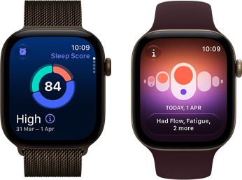 Δύο συσκευές Apple Watch Series 12, κάσα από αλουμίνιο σε σκούρο μπρονζέ χρώμα, κυκλικό γράφημα ποιότητας ύπνου, Digital Crown, λουράκι Milanese Loop σε σκούρο μπρονζέ χρώμα, κάσα από αλουμίνιο σε ανοιχτό χρυσαφί χρώμα, Καταγραφή Κύκλου, λουράκι Sport Band σε μπορντό χρώμα