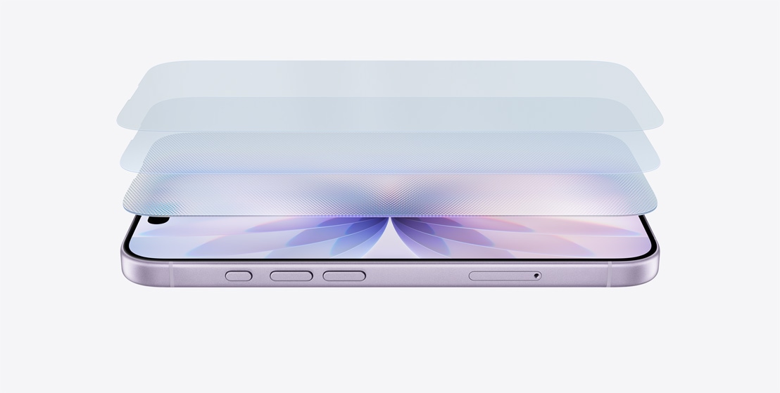 iPhone 17 οριζόντια στο πλάι, σε φινίρισμα Λεβάντα, με πολυεπίπεδο σχεδιασμό που αναδεικνύει το Ceramic Shield 2
