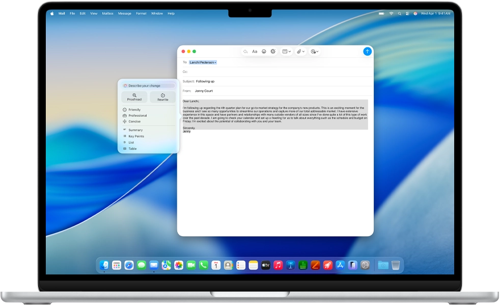 MacBook Air screen showing Apple Intelligence Writing Tools composing an email