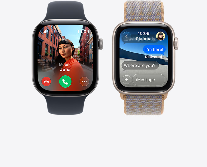 Apple Watch Series 12, screen shows incoming call, contact photo, accept and decline call buttons, aluminum case, space gray color, connected to Sport Band, black color; Apple Watch SE 3, screen shows iMessage conversation, aluminum case, starlight color, connected to Sport Loop band, chambray blue color (light blue-gray)