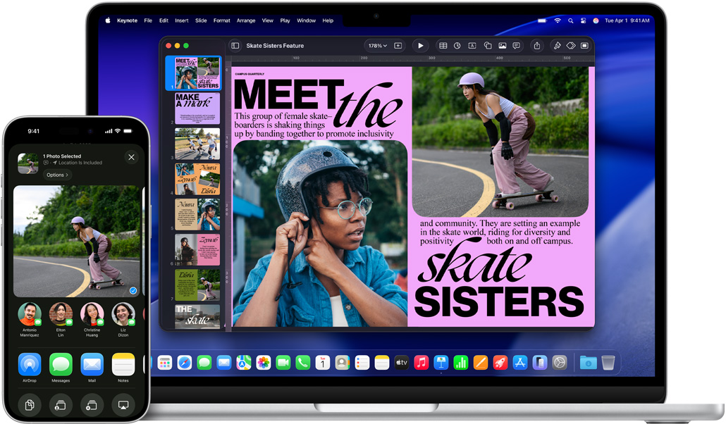 iPhone 16 Plus 展示已開啟相片 app；13 吋 MacBook Air 展示已開啟 Keynote 幻燈片，當中顯示 iPhone 上的相同相片