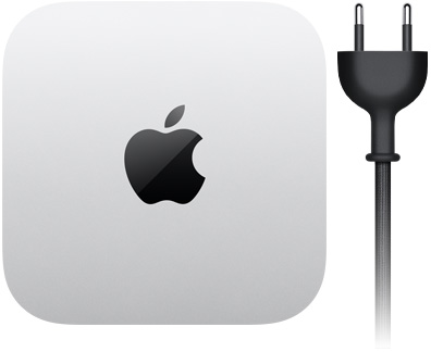 Mac mini, odozgo, srebrni aluminij, kvadratni, zaobljeni uglovi, sjajni crni Appleov logotip u sredini, crni kabel za napajanje s dvodijelnom utičnicom