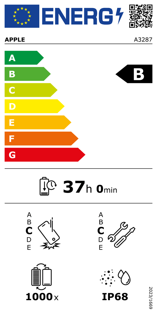Európai Uniós energiacímke, QR-kód és információ, A3287-es Apple-modell, B osztályú, energiahatékonysági osztályok (A-tól G-ig terjedő besorolás), A (leghatékonyabb), G (legkevésbé hatékony), akkumulátor élettartama ciklusonként, 37 óra és 0 perc teljesen feltöltött akkumulátor esetében, megbízhatóság ismételt leejtés esetében: C osztály, A-tól (legstrapabíróbb) E-ig (legkevésbé strapabíró) terjedő besorolás, C osztályú javíthatóság, A-tól (leginkább javítható) E-ig (legkevésbé javítható) terjedő besorolás, akkumulátor élettartama 1000 működési ciklusban, IP68-as por- és vízállósági besorolás, 2023/1669-es rendelet