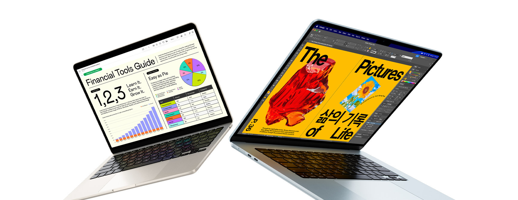 13 és egy 15 hüvelykes MacBook Air laptopok – az egyik képernyőjén egy Numbersszel készített munka, a másikon egy tervezői munka