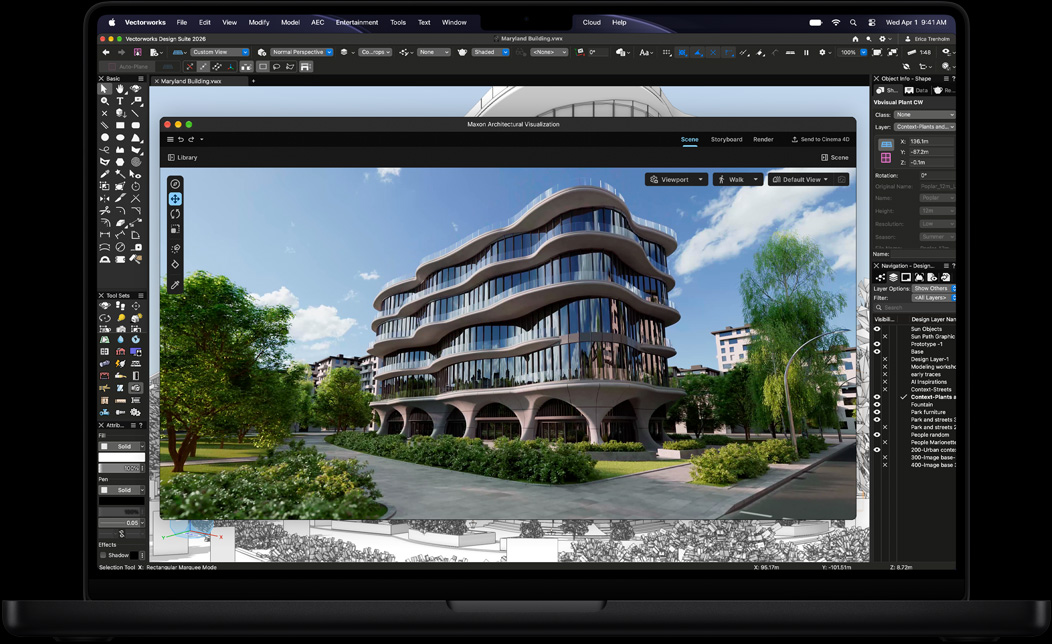 Layar MacBook Pro menampilkan Vectorworks Design Suite dengan Maxon Redshift