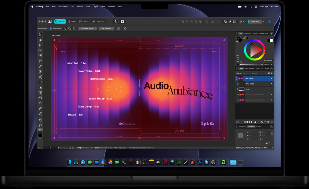 Layar MacBook Pro menampilkan Adobe InDesign yang sedang digunakan untuk membuat sampul piringan hitam