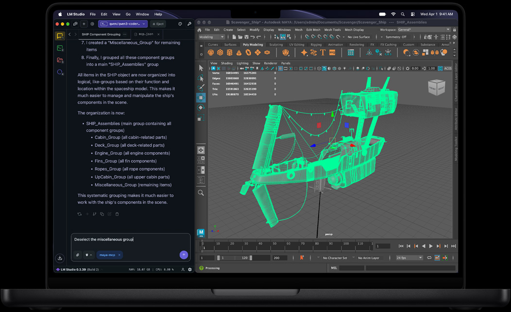 Layar MacBook Pro menampilkan LM Studio dan Autodesk Maya