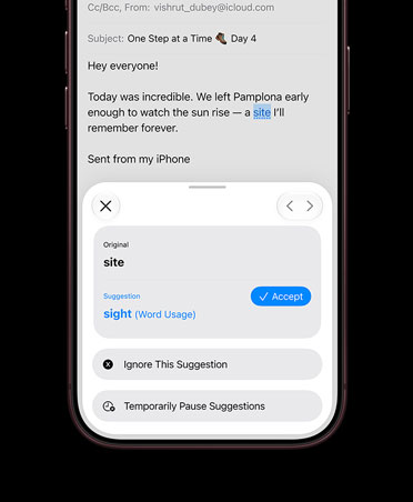 iPhone 18 Pro, Burgundy, screen shows Siri AI proofreading an email in the Mail app
