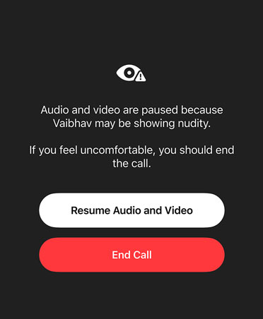 Auto-generated message to parent about the sensitive and unsafe content their child may be viewing on a FaceTime call, with options to Resume Audio and Video or End Call