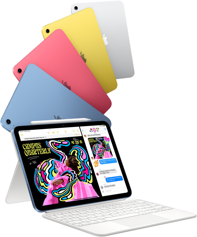 블루, 핑크, 옐로, 실버 색상의 iPad가 있고, iPad 하나는 Magic Keyboard Folio에 부착된 모습.