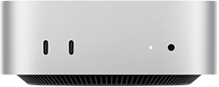 Sidabro spalvos „Mac mini“ iš priekio: du „Thunderbolt“ prievadai, būsenos indikatoriaus lemputė ir ausinių lizdas; apačioje – siaurėjantis juodas pagrindas, viršus plokščias, šonai užapvalinti, kraštai tiesūs.