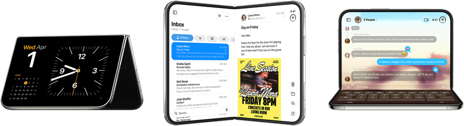iPhone Duo, dažādas pozīcijas: apgriezts atvērts horizontāls novietojums, atvērts nelielā leņķī, ārējais displejs, pilnekrāna dizains. Nedaudz pavērts kā grāmata, novietots vertikāli. Atvērts horizontāls novietojums, atvērts labajā leņķī, iekšējais displejs, pilnekrāna dizains