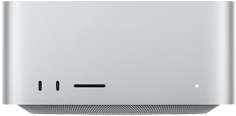 Mac Studio, priekšpuse, divi USB‑C porti, SDXC kartes slots, statusa indikators, trapecveida pamatne apakšā, plakana augšdaļa, noapaļoti sāni, taisnas malas, sudraba krāsa, Mac Studio, aizmugure, perforēts alumīnija ventilators, četri Thunderbolt 5 porti, viens Ethernet ports, viena barošanas ligzda, divi USB-A porti, viens HDMI ports, viena austiņu ligzda un ieslēgšanas/izslēgšanas poga