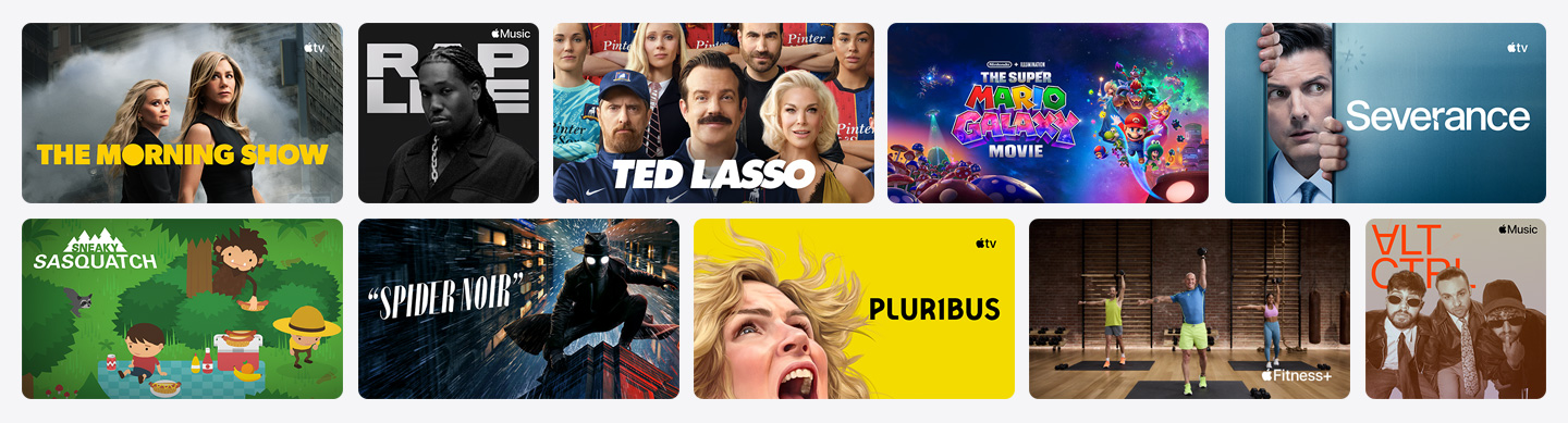 مجموعة مربعات لملصقات فنية من Apple TV وApple Music و+Apple Fitness وApple Arcade والقنوات الشريكة