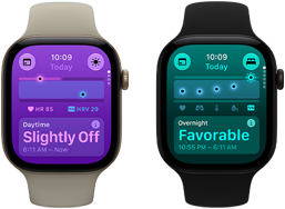Two Apple Watch Series 12 devices: aluminum case, light gold color, Daytime Vitals Slightly Off, Digital Crown, sand Sport Band, aluminum case, black color, Overnight Vitals Favorable, Digital Crown, black Sport Band
