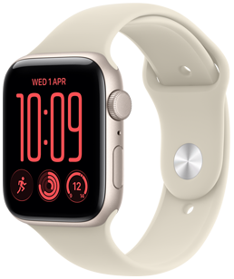 Apple Watch SE 3, aluminum case, starlight color, Modular watch face, complications: day and date, Workouts, Activity rings, temperature, right side exterior, Digital Crown, side button, Sport Band, sand color