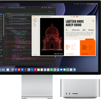 شاشة Studio Display XDR، شاشة تعرض مستنداً قيد المعالجة باستخدام Claude Agent في XCode، جهاز Mac Studio، الجهة الأمامية