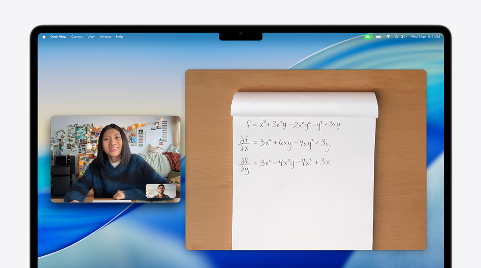 Video call on MacBook Air of a person using the Desk View feature to show a math equation to a person on the call, Desk View lets them show their workspace and their face simultaneously