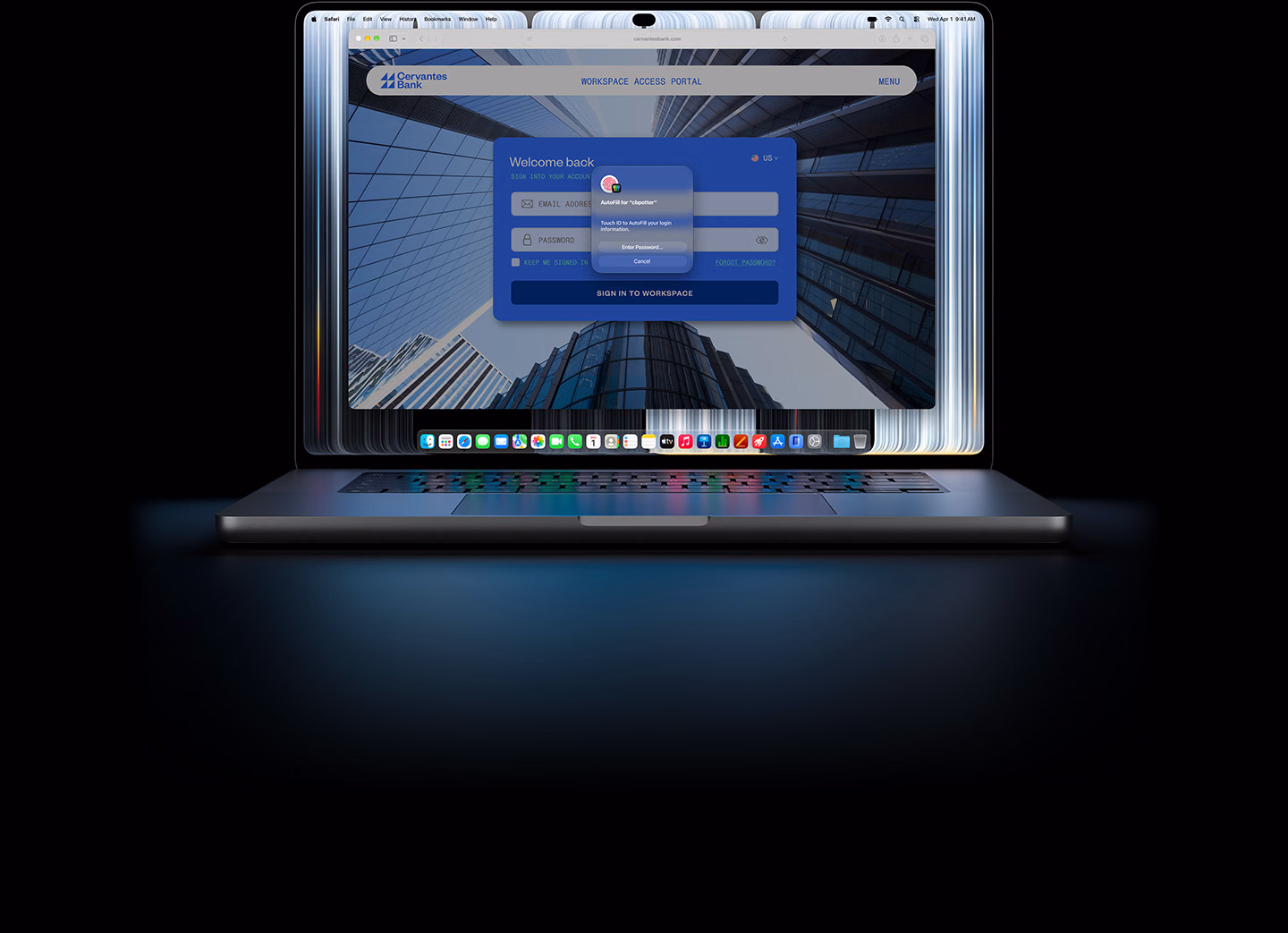 جهاز MacBook Pro مع شاشة PROLED XDR، نافذة سفاري صغيرة تطلب من المستخدم استخدام بصمة الإصبع أو إدخال بيانات الاعتماد لتسجيل الدخول إلى موقع ويب
